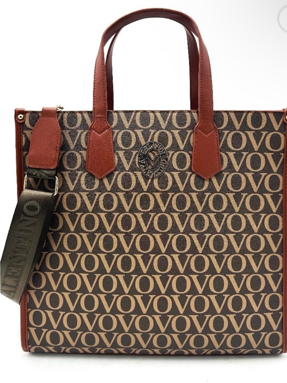 Valentino Orlandi Brown Monogram Canvas Messenger Tote with Leather Trim - XL
